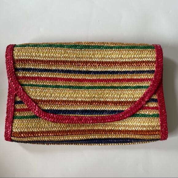 Vintage 1980s Rattan Envelope Clutch Large Rainbow Stripe Made in Hong Kong GUC - Picture 8 of 8